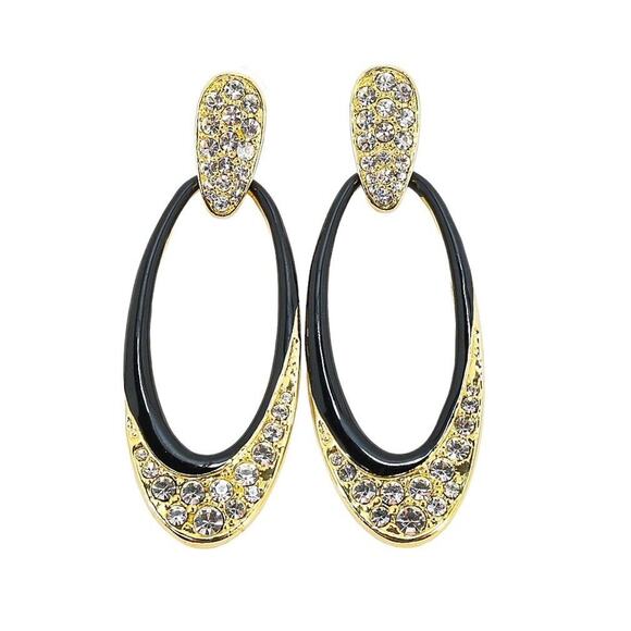 VTG Large Bold Statement 3” Oval Hoop Earrings Rhinestones Black Enamel Goldtone - Picture 1 of 6